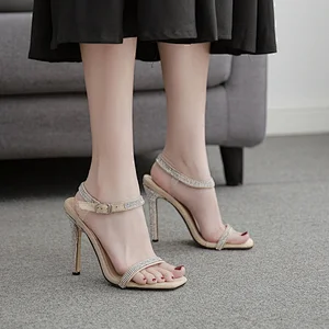 New Glitter Rhinestone High Heels Ladies Buckle Strap Thin Heels Sandals Open Toe Heels Summer Women Shoes