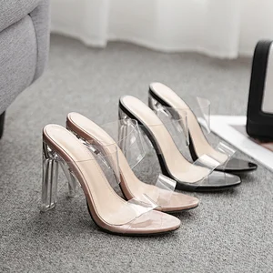DEleventh Woman Shoes New Arrivals 2020 Transparent PVC Sandals Open Toe Rome Sexy Clear Coarser Heel Formal Slipper Black Beige