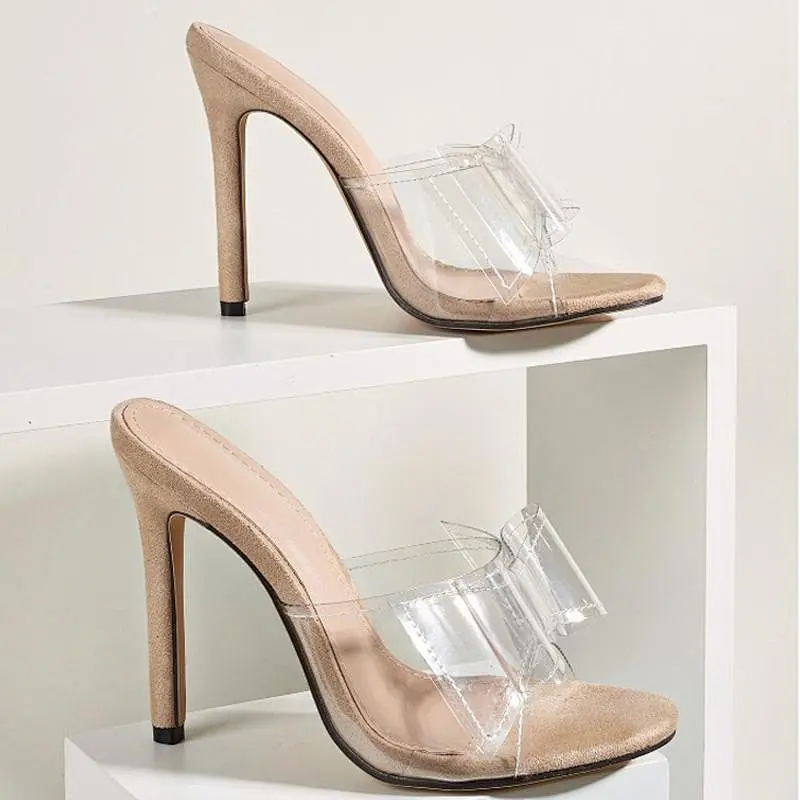 100966 DEleventh Shoes Woman Sexy Stiletto High Heels Sandals Beige Best Selling PVC Clear Bowknot Peep-Toe Heels Slippers Plus