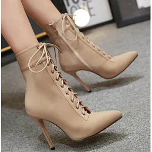 DEleventh Shoes Woman New Motorcycle Boots Ankle Crossed Tied Pointy Toe Boots Sexy Stiletto High Heels Formal Shoes Black Beige