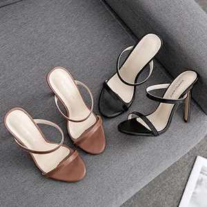 DEleventh Shoes Woman Legant PU Leather Lace Roman High Heels Slipper Stiletto High Heel Summer Party Shoes Black Brown In Stock