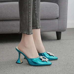 MN332-6 2020 Closed Pointed Toe Rhinestone Sun Flowers Slippers Women High Heels Ladies Pumps Shoes For Women