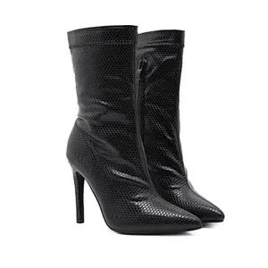 Deleventh Shoes Woman Knight Boot New Fashion Pointy Toe Pu Leather Snakeskin Stiletto High Heels Ankle Boots Black Plus Size 42