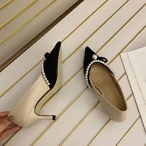 101503 DEleventh Shoes Woman Summer Formal Pumps Sandals Sexy Pearls Pointy Toe Suede Stiletto High Heels Party Shoes Beige
