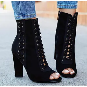 DEleventh Women Shoes In Stock Wholesale Suede Crossed Tied Trendy Pumps Peep-Toe Stiletto High Heels Ladies Formal Sandal Black