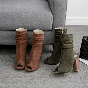 DEleventh Woman Shoes In Stock  Wholesale  Peep-Toe Suede  Fashion Pumps Coarser Heel  Ladies Dress Ankle Boots  Green Brown