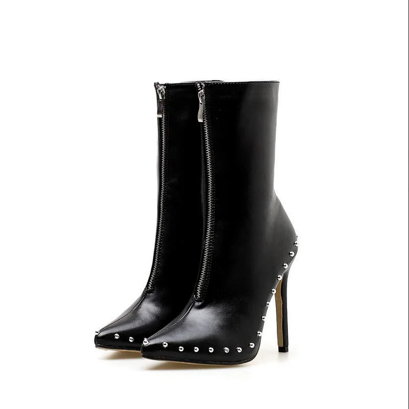101363 Large size women short boots high thin heel mid-calf boots shoe sexy pointed toe with Rivets Zipper Boots