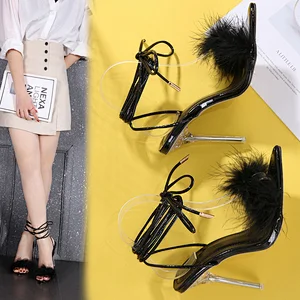 101283BLE269-8 Women Sandals Thin High Heel 12CM Ladies Shoes Feather Ankle Buckle Strap Crystal Party Dress Wedding Sandal