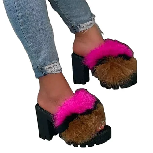 QM89 ISEEYOUFIRST shoes women Summer Large Size Casual High-heeled Sandals and Slippers Women's Thick-heeled  Ladies Slippers