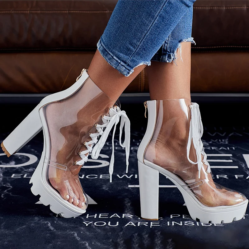 DEleventh Shoes Woman Waterproof Platform Shoes Sexy Transparent PVC Snakeskin Crossed Tied Coarser High Heels Boots Green White