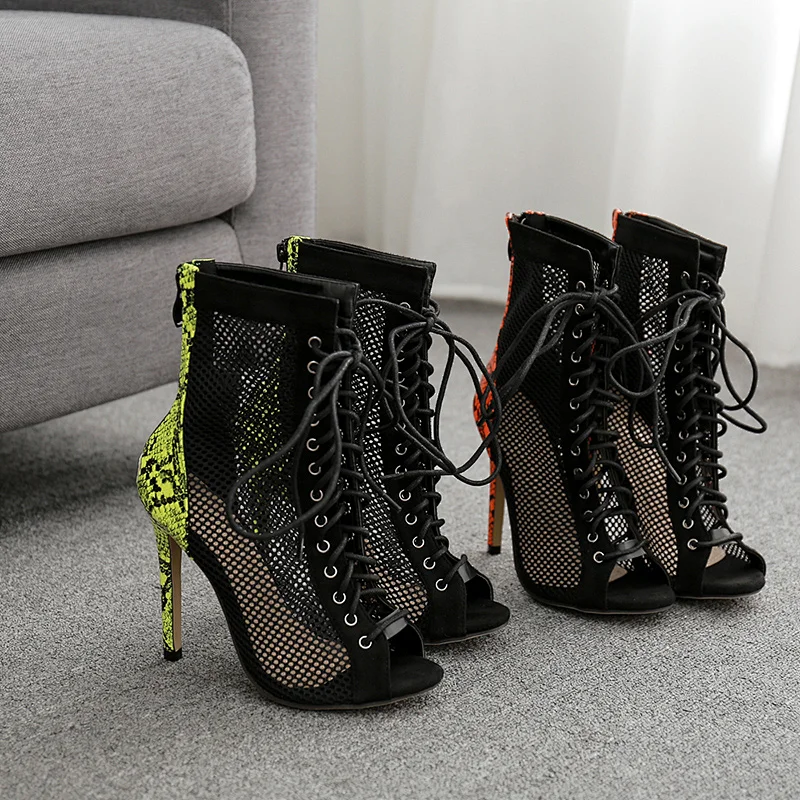 DEleventh Woman Shoes New Fashion Mesh Peep Toe Crossed Tied Snakeskin Pumps Stiletto High Heels Ladie Party Shoes Green Orange