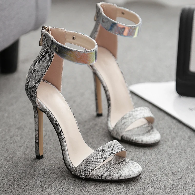 DEleventh Shoes Woman Colour PVC Snakeskin Party Heel Sandal Summer Fashion Slip-On Open Toe Stiletto High Heel Shoes In Stock
