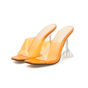 100111DEleventh Woman Shoes New Design Brand PVC Jelly Open Toe Sandal Square Toe Wine Glass Coarser Heels Slipper Beige Orange
