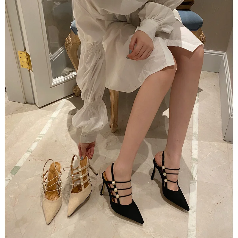 DEleventh Shoes Woman Summer Party Pumps Sandals 2020 Sexy Pearls Pointy Toe Suede Stiletto High Heels Wedding Shoes Black Beige