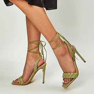 100855 DEleventh Woman Hot Selling PU Leather Solid Weave Ankle Crossed Tied Stiletto High Heels Party Sandals Beige Black Green