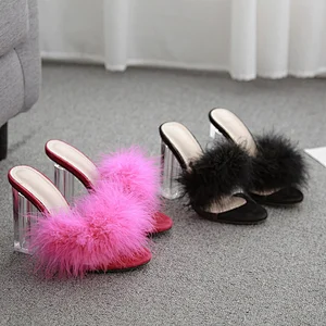 2020 New Arrival Ladies Sexy Shoes Furry Slippers Perspex Crystal High Heels Peep Toe Block Heel Sandals Heels For Women