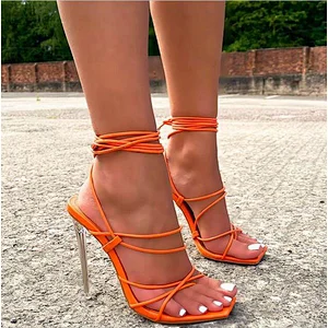 100954 DEleventh 222-3 Hot Sexy Women Ankle Strap Square Toe Strappy Lace Up Clear Perspex Heel Stiletto High Heels Shoes Orange