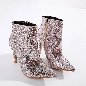 Deleventh Shoes Woman Wedding Shoes Sexy Pointy Toe Bling Bling Glitter Sequin Stiletto High Heels Party Boots Silver In Stock