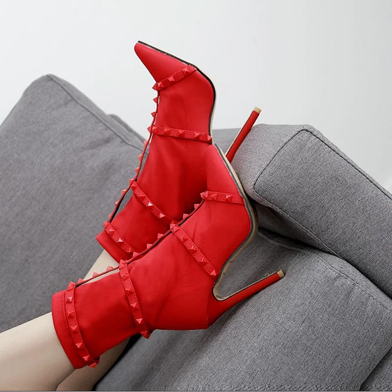 100930 Sexy solid color women's High Heel Ankle Boots pointed toe rivets