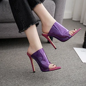 101083 DEleventh Shoes Woman Hot Selling PVC Jelly Colour High Heels Slipper Summer Pointy Toe Stiletto Heels Sandals
