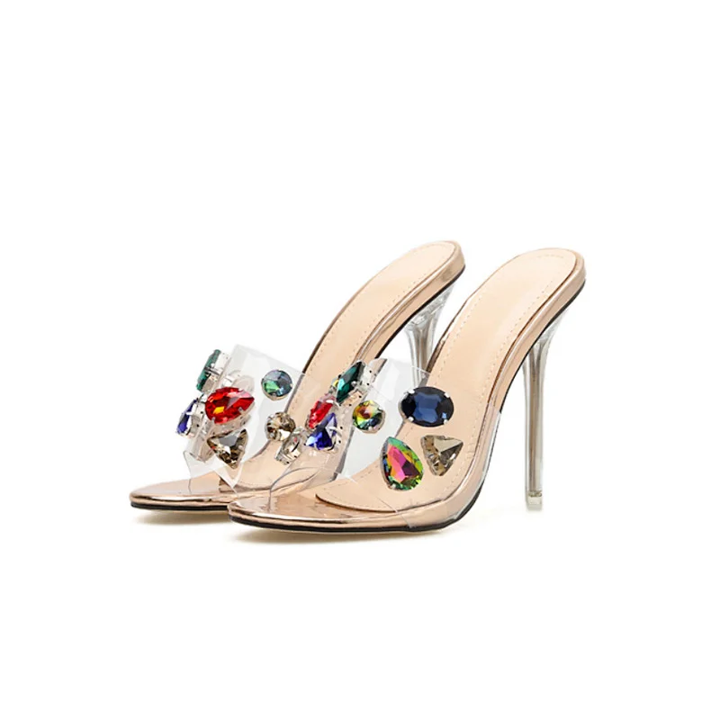 DEleventh Shoes Woman 2020 Fashion PVC Clear Rhinestone Heels Sandals Slip-On Open Toe Stiletto High Heels Slipper  Gold Silver