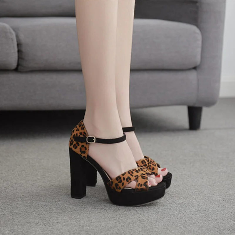 DEleventh Shoes Woman Hot Selling Sexy Leopard Waterproof Platform High Heels Sandals Summer Coarser Heels Party Shoes Plus Size