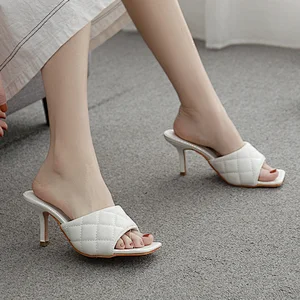101017DEleventh Shoes Woman New Arrivals 2020 PU Leather Plaid  Heels Sandals Party Shoe Square Toe Stiletto Heels Slipper