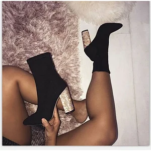 101366 DEleventh Shoes Woman Hot Selling Winter Stretch Cloth Bling Bling Ankle Boot Pointy Toe Coarser High Heel Party Shoes