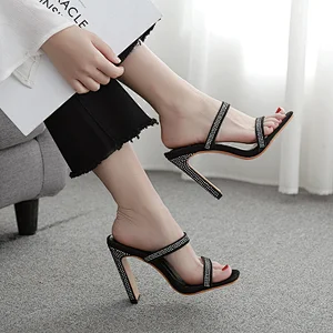 DEleventh Shoes Woman Rhinestone Slip-On Open Toe Heel Slipper Ladies Fashion Shoes Square Toe Block High Heels Sandals Black