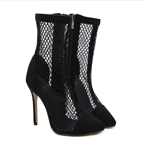 DEleventh shoes women Wholesale Popular  Celebrity Sexy Net Gauze Hollow Pointed Cool Boots black size 35-40