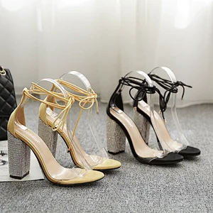 101852DEleventh Woman Shoes Hot Selling PVC Clear Rhinestone Sandal Crossed Tied  Coarser Heel Ladies Party Shoes Black Gold