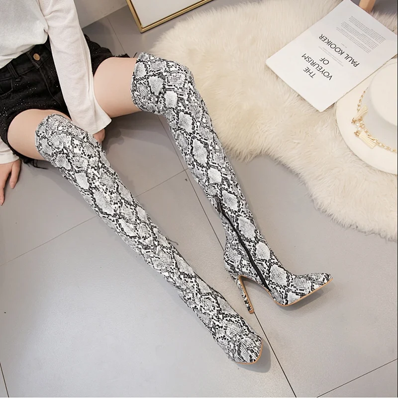 101473  Sexy dress fashion high heel over knee snake print stretch boot colorful plus size lady boot