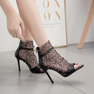 DEleventh Shoes Woman Fashion Runway Show Rhinestone Mesh Peep Toe Heels Pumps Hot Selling Stiletto High Heels Black Silver Gold