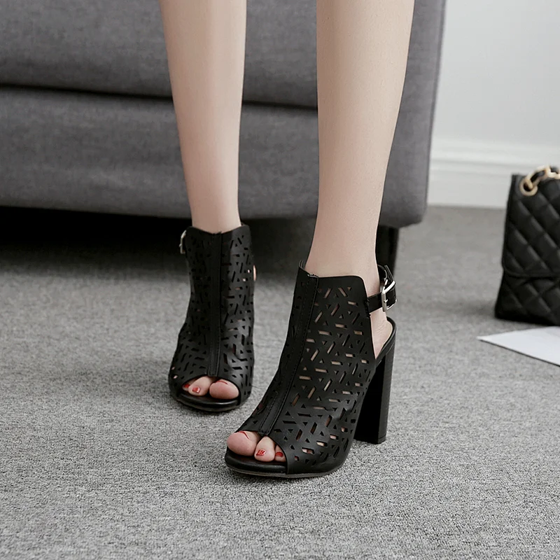 101862 DEleventh Woman Shoes Hot Selling PU Leather Hollow Out Fashion Pumps Peep-Toe Coarser High Heel Formal Sandals Black