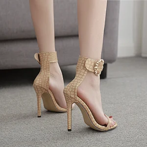 DEleventh Shoes Woman Sexy Metal Buckle Open Toe Fashion Heels Sandals PU Leather Stiletto High Heels  Party Shoes Black Beige