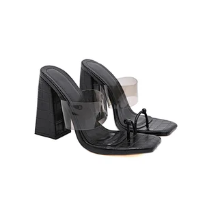 DEleventh Shoes Woman Party Shoes PVC Clear Ladies Heels Sandals Square Open Toe Coarser Heels Slipper Black White Plus Size
