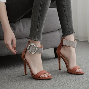 2020 High Heel Stiletto Women's Pumps Pointed Open Toe Zipper Sandals Rhinestone Sandals Thin Heels Sexy Shoes For Lady Black