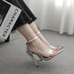 DEleventh Shoes Woman Sexy PVC Transparent Pointy Toe Heels Sandals Peep Toe Stiletto High Heel Shoes Plus Size Silver Wholesale
