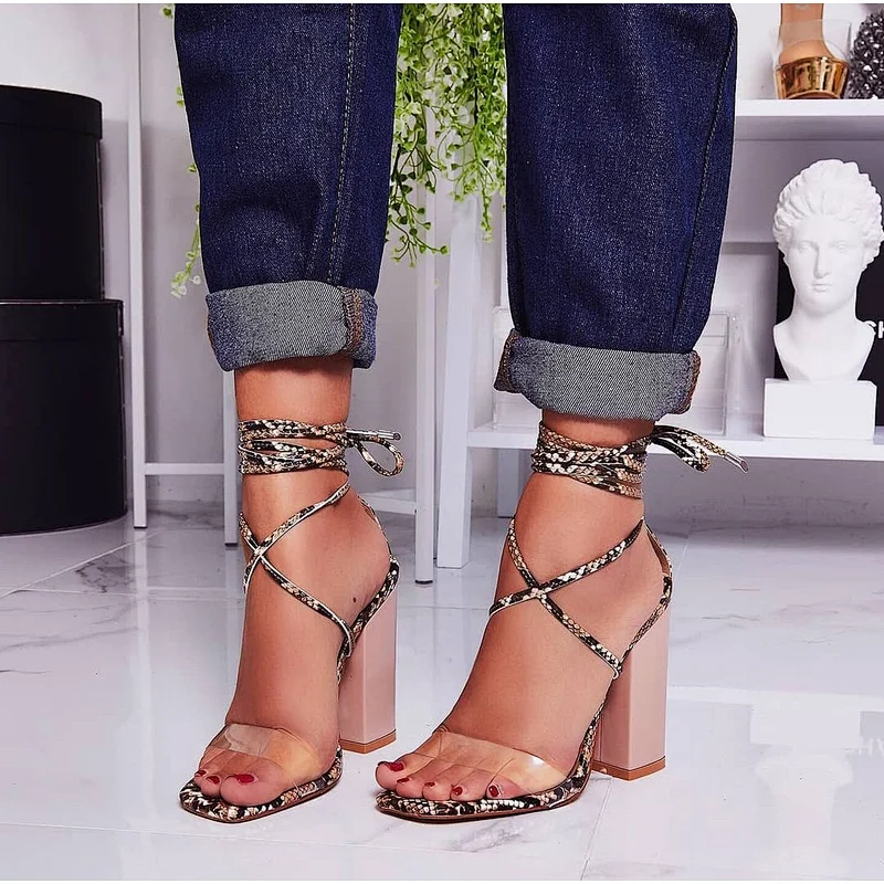 101065 DEleventh Shoes Woman Fashion Ankle Crossed Tied Fashion Heels Sandals Summer PVC Clear Coarser High Heels Shoes Rosered
