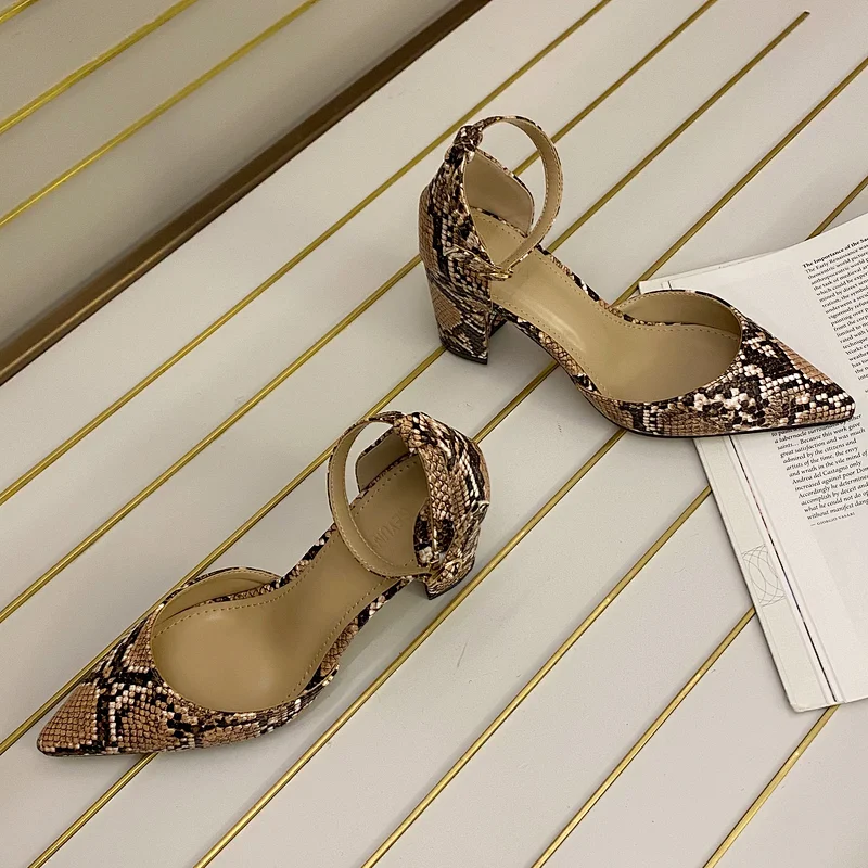101501 DEleventh Shoes Woman Hot Selling Sexy Snakeskin New PU Leather Fashion Pointy Toe Coarser High Heels Party Shoes Summer