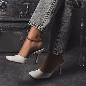 DEleventh Shoes Woman In Stock  Wholes PU Leather Ladies Fashion Sandals Square Toe Stiletto Heels Party Slipper  Beige White
