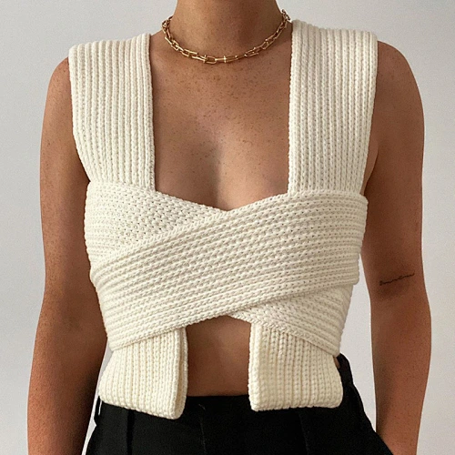 2021 New Ladies Tops Streetwear Sweat Elegant Criss Cross Women Sexy Knit Tops