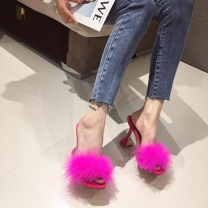 101416DEleventh Shoes Woman New Fashion Feather PVC Clear  Square Open Toe Heels Sandals Slipper Stiletto Heel Sexy Ladies