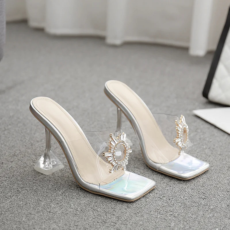 100777   New designer Shoes Woman New Arrivals 2020 PVC Transparent  Sun Flower Coarser High Heels Slippers Wedding