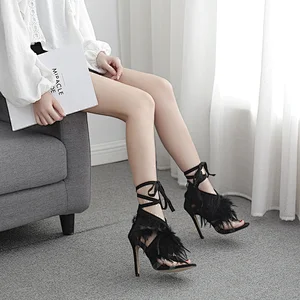 DEleventh Shoes Woman Sexy Cross Strap Feather PVC Clear Stiletto Heels Sandals Summer Square Open Toe Ladies Dress Shoes Black