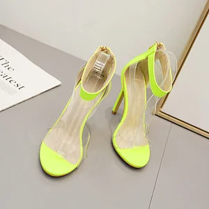 DEleventh Shoes Woman New Arrivals 2020 Transparent PVC Rome Peep-Toe Stiletto High Heels Party Shoes Plus Size Yellow  In Stock
