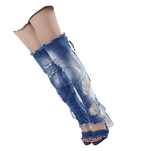 ALT3923-7 ISEEYOUFIRST shoes women Spring Style Thick-heeled Denim Fringed High-heeled Fish Mouth Female Sandals