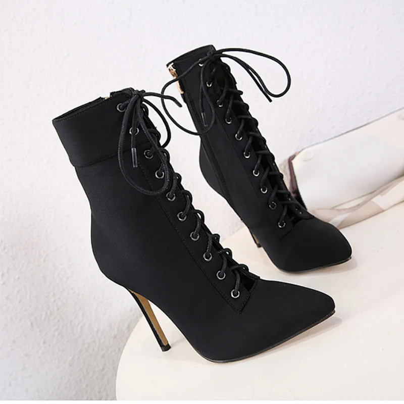 DEleventh Shoes Woman New Motorcycle Boots Ankle Crossed Tied Pointy Toe Boots Sexy Stiletto High Heels Formal Shoes Black Beige