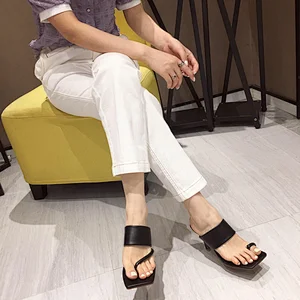 DEleventh Shoes Woman In Stock 2020 New PU Leather Fashion Heel Sandal Slipper Square Open Toe Stiletto Heels Shoes Three Colors