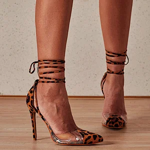 DEleventh Shoes Woman Summer 2020 New Style Leopard Stiletto Heels Sandals Ankle Crossed Tied Ladies Dress Heels Shoes Plus Size